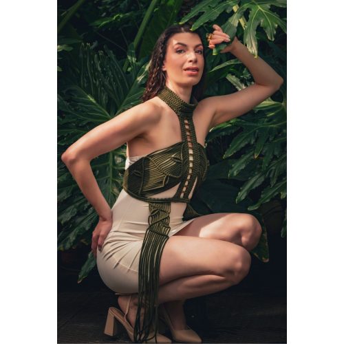 Elara hand-knotted top worn over a slip dress 